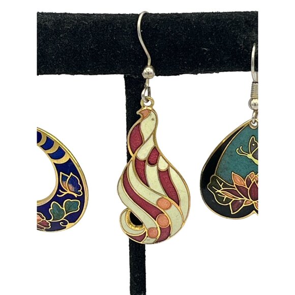 Vintage Cloisonné Enamel Earrings Set Of 3 - Floral Bird & Heart Designs - Picture 3 of 10